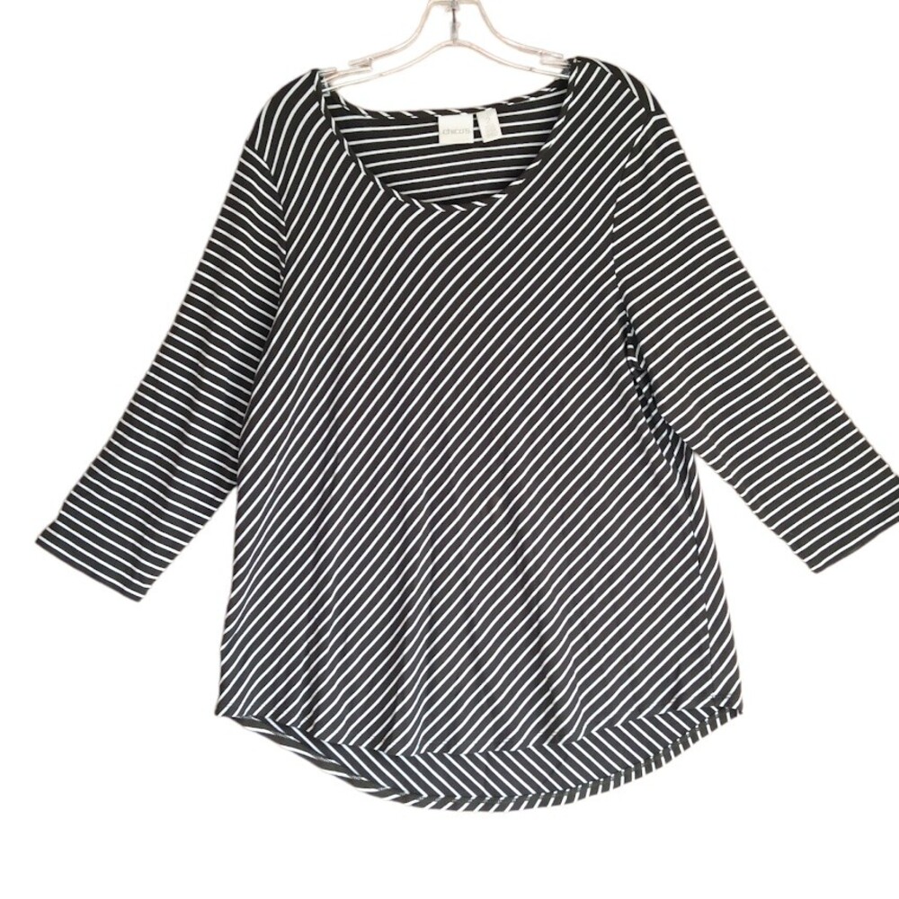Chico’s Tunic  Forever Stripe Blouse Top  Olive White 3/4 Sleeve Size 2 Large